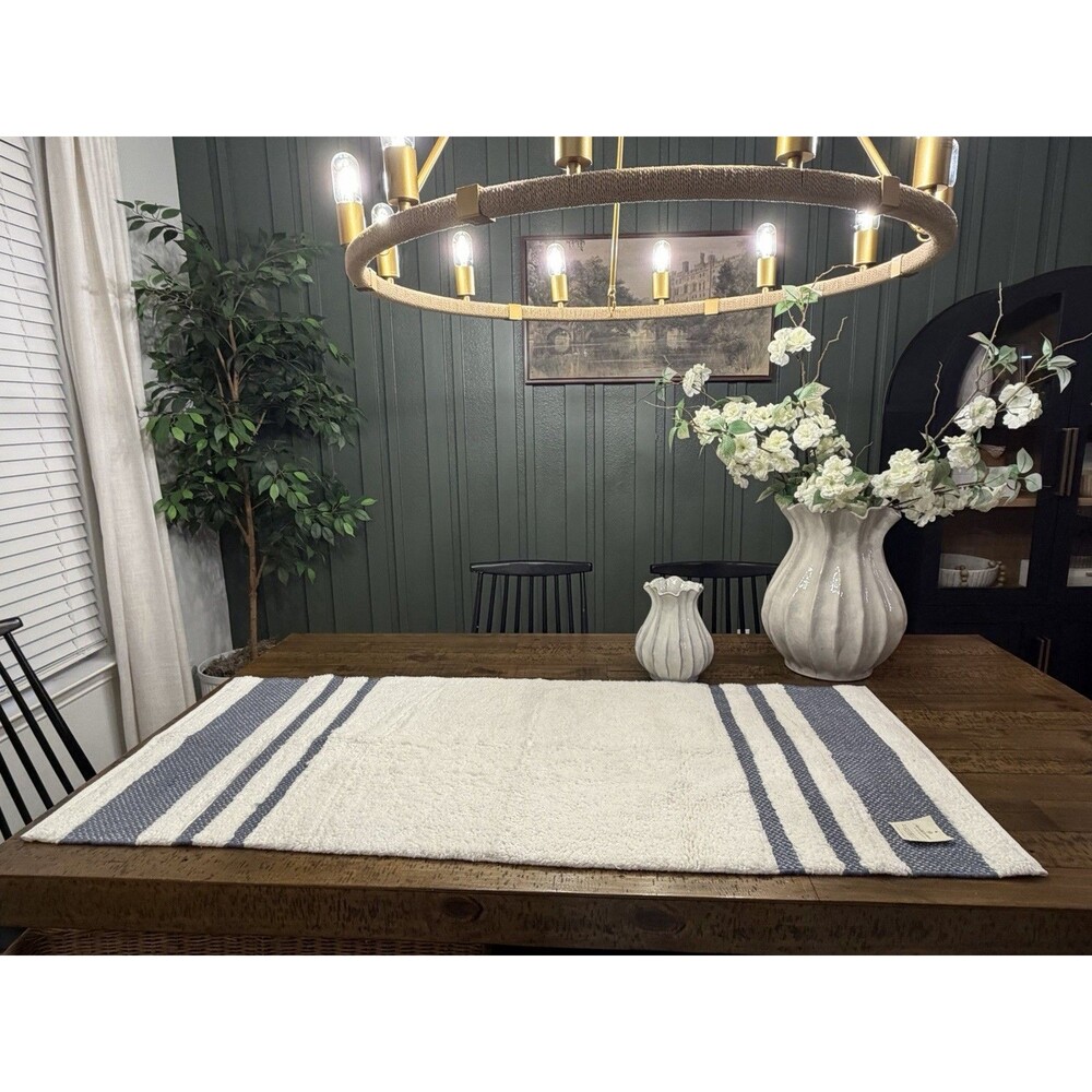 RARE 24"x60" Border Stripe Bath Rug Cream/Blue - Hearth & Hand with Magnolia:NEW